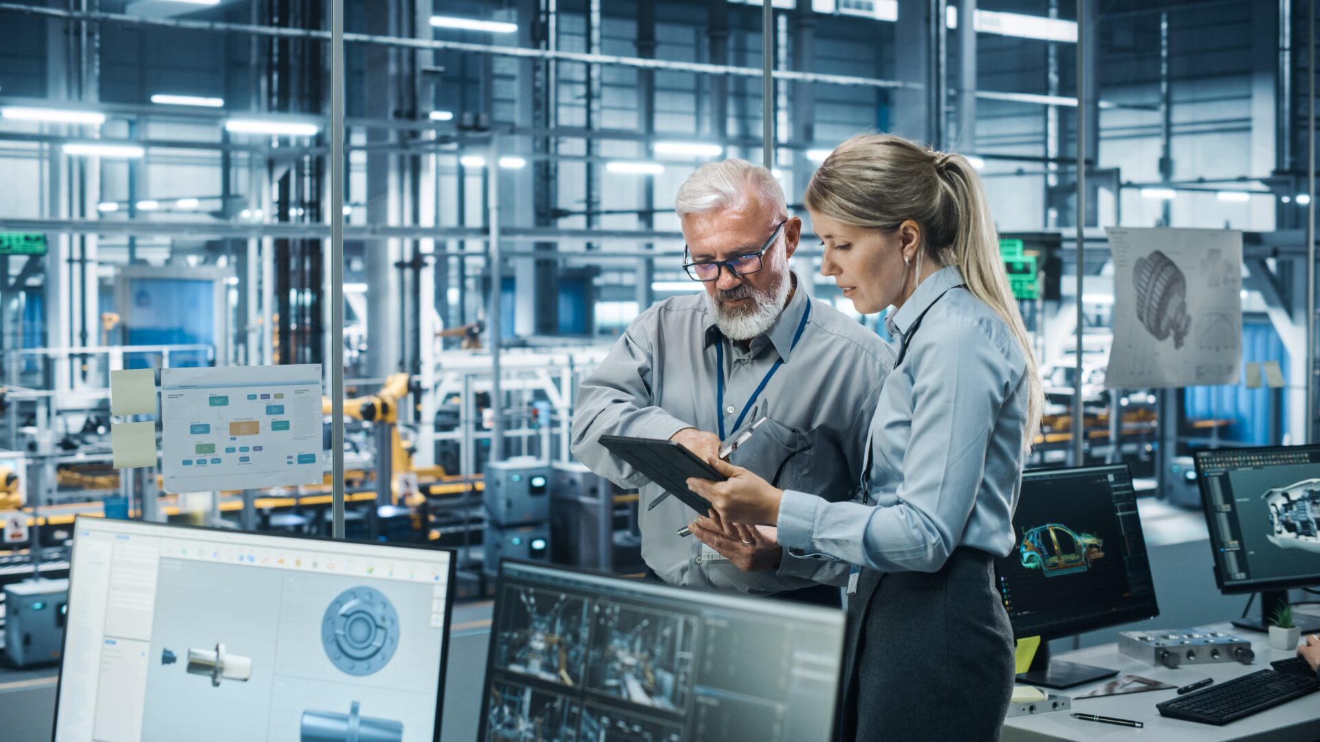 Produktionsbesprechung Mann und Frau mit PC in der Hand